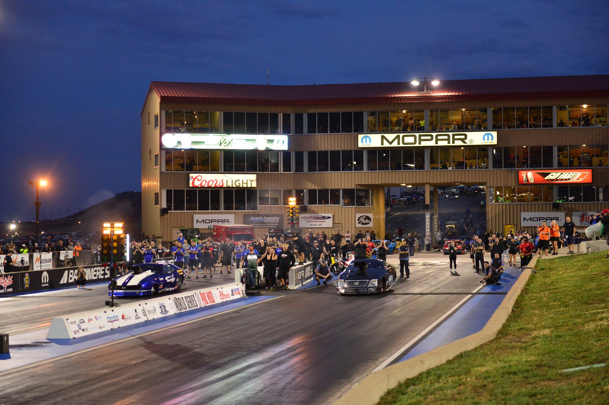 Pro Mod racing under the lights at Bandimere Speedway, 2017 World Series of Pro Mod