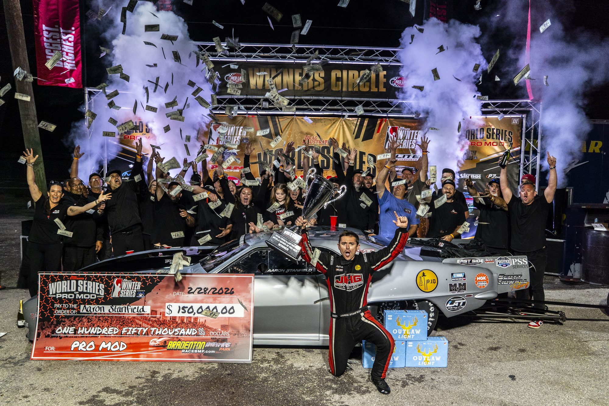 Aaron Stanfield celebrates his 2026 World Series of Pro Mod victory